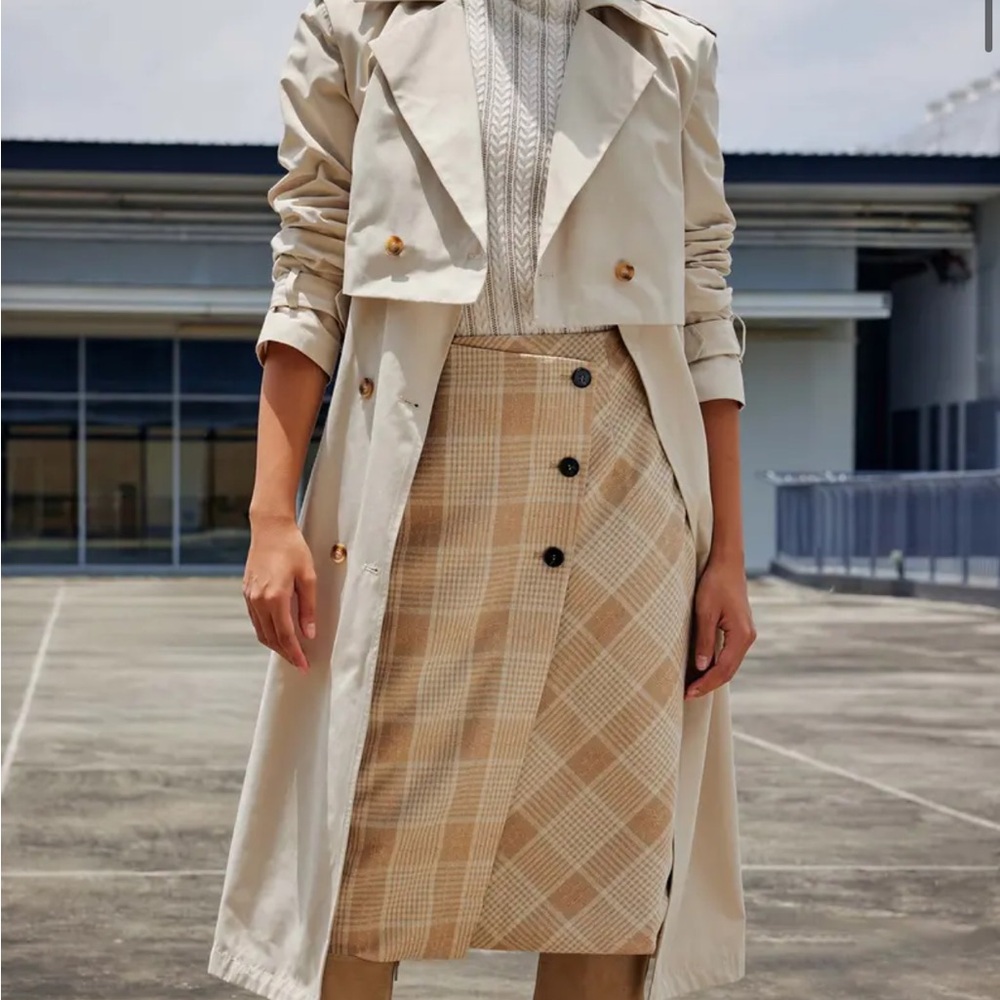 NWOT Beige Plaid Asymmetrical Wrap Pencil Skirt